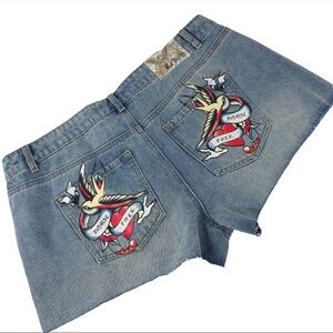 Ed Hardy Denim Shorts with Tattoo Art Design